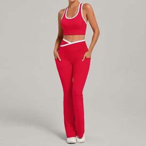 Red Racerback V-neck Crop <b>Top</b> High Waist Shorts Yoga Pants Set Pockets Contrast Binding Seamless Breathable Spandex Nylon - Product Image 1