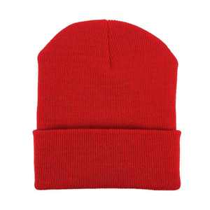 Bonnet unisexe en tricot côtelé rouge uni avec revers, tricoté à la machine, pour l'hiver, décontracté, pour l'extérieur, pour adulte - Product Image 1