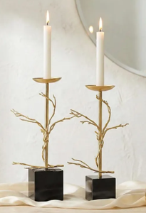 Modern Rustic Brass Twig & Branch Pillar <b>Candle</b> Stands – <b>Set</b> of 2 Sculptural Botanical Pedestals for Dining Table Centerpiece - Product Image 3