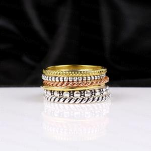 Trendy Multi Piece Stackable <b>Ring</b> Set 925 Sterling <b>Silver</b> Textured Beaded Twisted Band <b>Rings</b> Tri-Color Gold Plated Fine Jewelry - Product Image 1