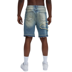 Shorts en jean bleu clair respirant pour homme, coupe ample, longueur genou, en coton, décontracté, style streetwear, détails déchirés, ourlet brut, été - Product Image 2
