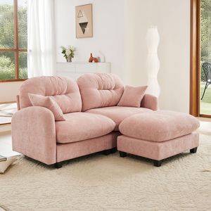 Divano Sezionale a L con Pouf, in Morbido Tessuto Chenille, Design Trapuntato e Plissettato, Schiuma ad Alta Densità per Camere da Letto e Soggiorno - Product Image 2