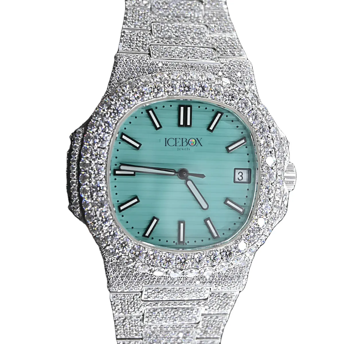 Exquise montre de luxe suisse Eta blanche Moissanite cloutée Iced out montre de luxe pour hommes vente de diamants par des exportateurs indiens