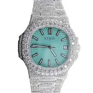 Arloji mewah warna putih Swiss indah jam tangan mewah bertatahkan es gaya mewah jam tangan berlian pria dijual oleh eksportir India