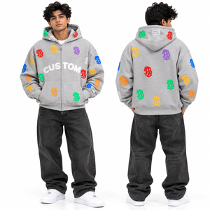Sweat-shirts à capuche zippés personnalisés pour hommes, avec patchs lettres imprimés 3D en relief multi-logo, style streetwear Y2K oversize, mode décontractée – Fournisseur - Product Image 3