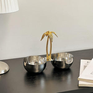 Luxury Silver <b>3</b> Section Serving Bowl With Gold Palm Tree Handle Elegant Metal Triple Nut Tray For Tropical Home Decor - Product Image 2