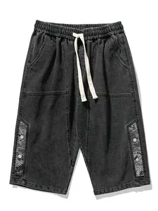 Summer <b>Men's</b> Vintage Knitted <b>Jeans</b> Denim Breeches Calf-Length Casual Shorts Acid Wash Pattern Quick Dry Cotton <b>Drawstring</b> - Product Image 3