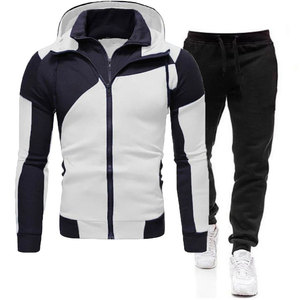 Men's <b>White</b> Navy Color Blocking Hooded <b>Tracksuit</b> Full Sleeve Zipper Sweatshirt Pants Set Breathable Polyester Autumn Wear - Product Image 1