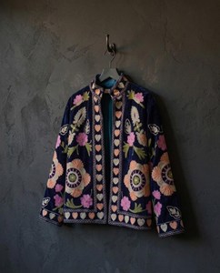 Premium Navy Blue <b>Velvet</b> Suzani Embroidered <b>Jacket</b> with Floral Print Full Sleeve Stand Collar Bohemian <b>Women's</b> Winter Outerwear - Product Image 5