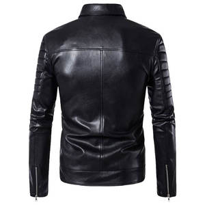 Blouson moto homme slim fit en cuir PU avec fermeture éclair et manches matelassées, col rabattu noir, style motard, automne - Product Image 2