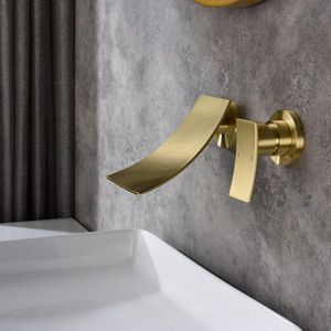 Rubinetto a Cascata Moderno da Bagno a Parete con Maniglia Singola o Doppia, Miscelatore per Lavabo in Ottone con Finitura Oro Spazzolato - Product Image 2