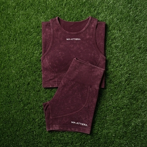 Women Burgundy Acid Wash Yoga Set Sleeveless <b>Crop</b> Tank <b>Top</b> High Waist Biker <b>Shorts</b> Gym Fitness Workout Activewear - Product Image 5