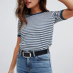 Women's Striped Crew Neck Short Sleeve T-Shirt Regular Fit Casual Spring Summer Cotton Jersey <b>Top</b> - Product Image 4