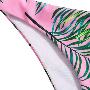 Women's Pink Tropical Leaf Print Bikini Set Crossback Halter Top <b>Thong</b> Bottom 2 Piece Swimwear Stretch Fabric Embroidery - Product Image 6