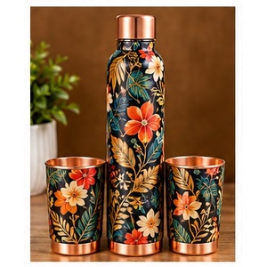 Artistic Floral <b>Bird</b> Design Copper <b>Water</b> Bottle Set with Two Tumblers Portable Drinkware for Travel - Product Image 2
