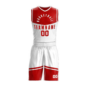 Ensemble de maillots de basket personnalisés rouge et blanc, sublimation du nom de l'équipe, col en V, sans manches, maille respirante, séchage rapide, évacuation de l'humidité - Product Image 1