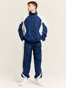 Ensemble de survêtement à capuche pour homme, bleu et blanc, à blocs de couleur, demi-manches, fermeture éclair, style sportif décontracté, respirant, léger, coupe classique - Product Image 1