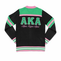 Cardigan décontracté d'hiver pour femmes de la sororité, en acrylique uni avec boutons - Noir/Rose Alpha Kapa, col en V, tricot chenille brodé