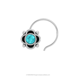 Pendiente de Nariz con Turquesa en Forma Redonda de Plata de Ley 925, Estilo Indio, para Mujeres y Niñas - Product Image 1