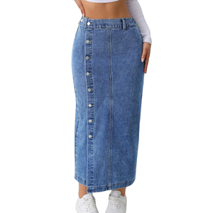 Womens High Waist Button Front <b>Denim</b> Maxi Skirt Light Blue <b>Stretch</b> Casual Regular Fit Side Slit Winter Daily Wear - Product Image 1