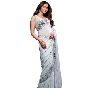 White Color Georgette With Beautiful Embroidery And Real Mirror Work Saree Bollywood Style Party Wear Saree Sabyasaachi