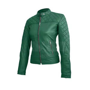 Blouson moto en cuir PU vert pour femme, col montant, manches longues, matelassé, fermeture éclair, idéal pour l'automne - Product Image 4