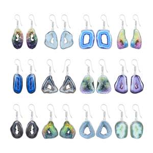 Boucles d'oreilles pendantes ethniques pour femmes, plaquées argent, avec pendentif en forme de tranche de Druzy, bijoux fantaisie en gros, cadeau idéal pour les fêtes, Inde - Product Image 2