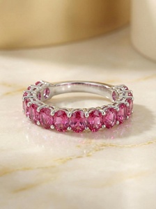 Pink Tourmaline Wedding <b>Ring</b> Shared Prong Eternity <b>Ring</b> 925 Sterling <b>Silver</b> 14K Gold Plated October Birthstone - Product Image 5