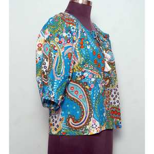 Superbe Tunique de Plage pour Femme en Coton Imprimé Floral, Col Rond, avec Cordons et Pompons, Manches Mi-Longues, Style Chemise Décontractée - Product Image 4