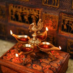 Handcrafted Brass Diya Stand Pair with Artistic Back Pattern, Multi Wick Oil Lamp for <b>Home</b> <b>Temple</b> Puja and Festive Use - Product Image 6