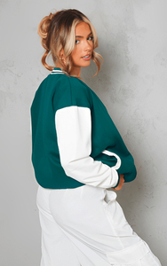 Veste universitaire verte et blanche, style preppy, col rabattu, fermeture à boutons, coupe classique, unisexe, vêtement d'automne - Product Image 2