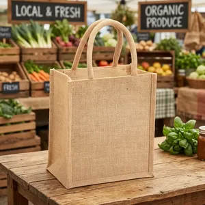 Sac fourre-tout tendance en jute naturel, taille personnalisable, réutilisable pour les courses, avec doubles poignées non tissées et fermeture éclair, idéal pour la vente au détail - Product Image 1