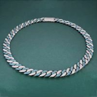 Collier Chaîne Maille Cubaine Luxe Tendance Iced Out Moissanite Bleue et Blanche Plaqué Argent Bijoux Hip Hop Fermoir Boîte Unisexe Soirée