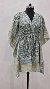 Robe Kaftan en Coton pour Femme, Col en V, Manches Chauve-Souris, Imprimé Floral, Coupe Ample Simple, Longueur Genou, à Nouer, Printemps-Été, Tenue Décontractée - Product Image 2