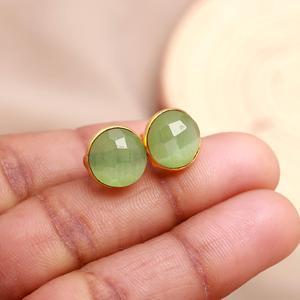 Handmade <b>Green</b> Aventurine Monalisa Round Shape Gemstone Stud <b>Earrings</b> Gold Vermeil Trendy Gold Plated Wholesale Supplies - Product Image 2