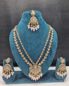 Pear Cut Stone Dual Layer Necklace With Earrings and Mangtika For Women Traditional Ethnic Wear Designer <b>Jewellery</b> Manufacturers - Product Image 1