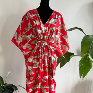 Robe Kaftan Bohème d'Été pour Femme en Coton Imprimé à la Main Écologique, Cache-Maillot de Plage Imprimé à la Main - Product Image 1