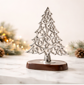 Handcrafted Antique Silver Aluminum Metal Christmas <b>Tree</b> Sculpture with Sturdy Wooden Base For Modern Home Holiday <b>Tabletop</b> - Product Image 3
