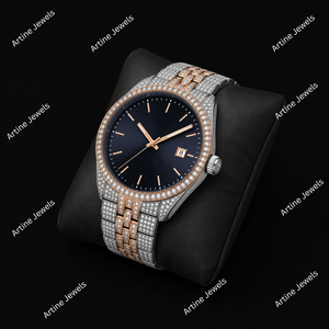 Reloj de lujo bicolor con diamantes incrustados, esfera azul, brazalete de oro rosa y plata, con fecha, reloj de moda para hombre. - Product Image 3