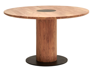 Mesa de comedor redonda con base de pedestal llamativa, tablero de madera maciza de acacia, acabado negro y natural, para el hogar, cocina o restaurante. - Product Image 4