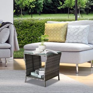 Tavolino da Esterno in Vimini con Piano in Vetro, Tavolo Quadrato in Legno per Bistro, Caffè, Veranda, Giardino, Cortile, Centro Commerciale - Product Image 3