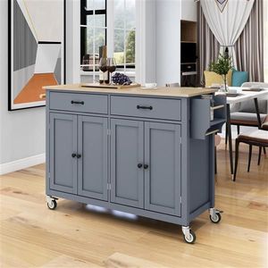 Chariot îlot de cuisine en bois massif de 54.3 pouces avec roues verrouillables Armoire à 4 portes Deux tiroirs Porte-épices et porte-serviettes Couleur gris bleu - Product Image 1