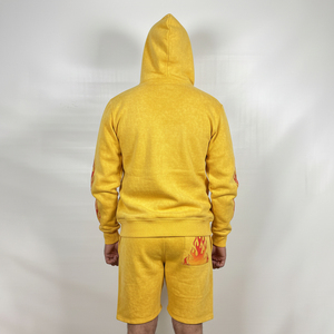 Ensemble sweat à capuche et short graphique personnalisé pour homme, imprimé flamme jaune, rouge, orange, sweat à capuche et short à taille élastique, ensemble deux pièces, vente en gros OEM - Product Image 1