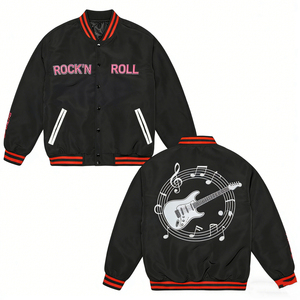 Custom Streetwear Bomber Varsity Embroidered <b>Men's</b> Vintage Leather <b>Jacket</b> Windproof Eco-Friendly Classic Black <b>Old</b> Music Gr - Product Image 3