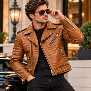 Blouson de motard en cuir marron gaufré crocodile pour homme – Blouson moto tendance avec ceinture, plusieurs poches zippées et ajustable - Product Image 1