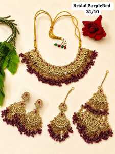 Ensemble de bijoux Kundan Pastel Premium plaqué or antique avec collier, boucles d'oreilles et Maang Tikka ornés de zircons et de perles, style ethnique indien de mariée - Product Image 1