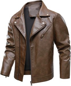<b>Men</b> Brown PU <b>Leather</b> Moto Biker <b>Jacket</b> Zipper Front Turn-down Collar Regular Sleeve Slim Fit Solid Color Autumn Style - Product Image 2