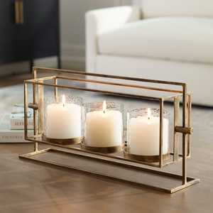 Luxury Antique Brass 3 Cup Metal Candle Holder Geometric Rotating Frame With <b>Clear</b> Glass Hurricanes For Elegant <b>Table</b> Decor - Product Image 1