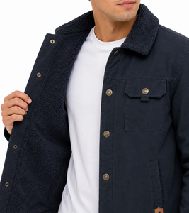 Men Navy Blue Sherpa <b>Lined</b> <b>Jacket</b> Warm Winter <b>Jacket</b> Full Snap Button Front Casual <b>Jacket</b> with Soft <b>Fleece</b> Lining Sherpa Collar - Product Image 4