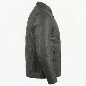 Charcoal Grey Cafe <b>Racer</b> Leather <b>Jacket</b> Minimalist Stand Collar Urban Tactical Biker Coat Custom Wholesale - Product Image 3